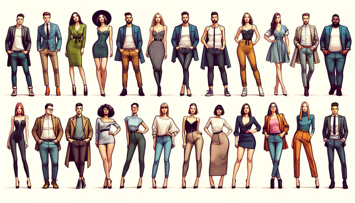 men and women with varying body sizes in different fashion styles